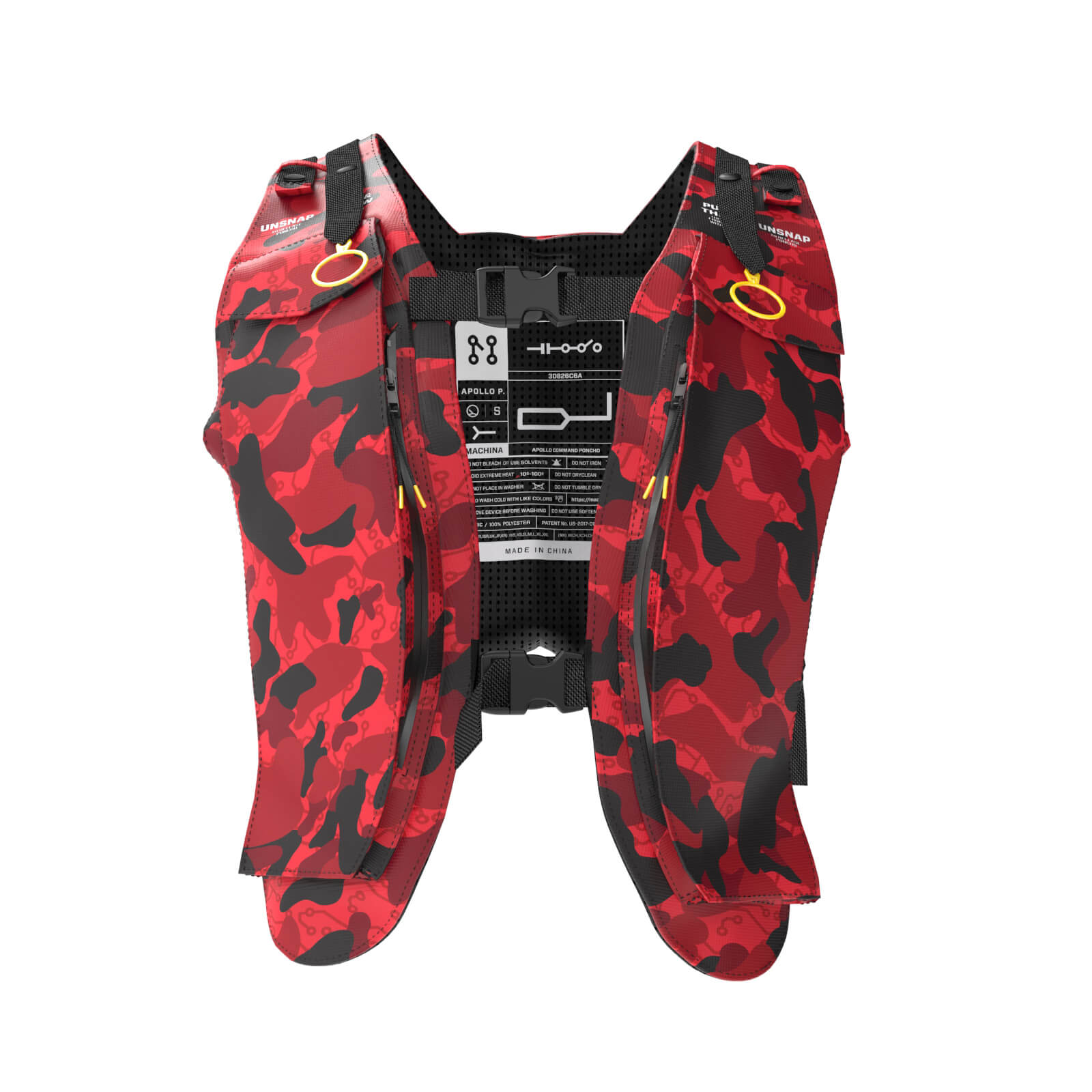 Introducing the Diablo Parachute Poncho from Machina - Wearable Technology: This ultra-lightweight garment features a striking red camo pattern with black accents, complemented by yellow loops and water-resistant properties. The back displays intricate black and white graphics along with instructions. Equipped with multiple straps, this poncho is expertly designed for utility or protective purposes.