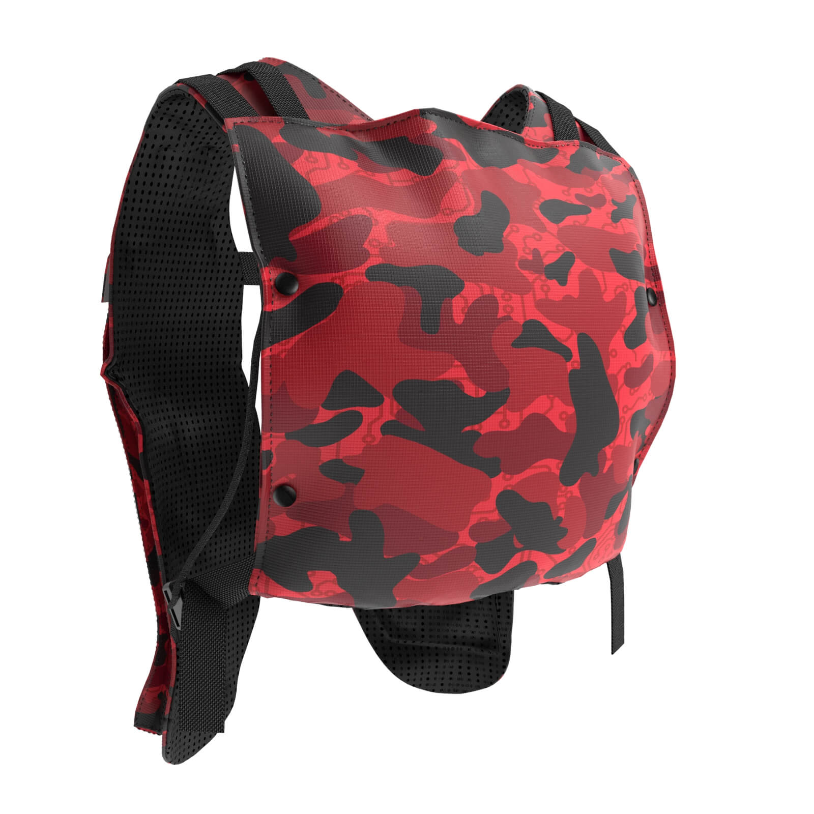 Introducing the Diablo Parachute Poncho by Machina - Wearable Technology: a red camouflage bag with black details, expertly crafted using water-resistant materials and boasting an ultra-lightweight design. It includes adjustable padded straps and a mesh back to enhance ventilation, presented at a slight angle.