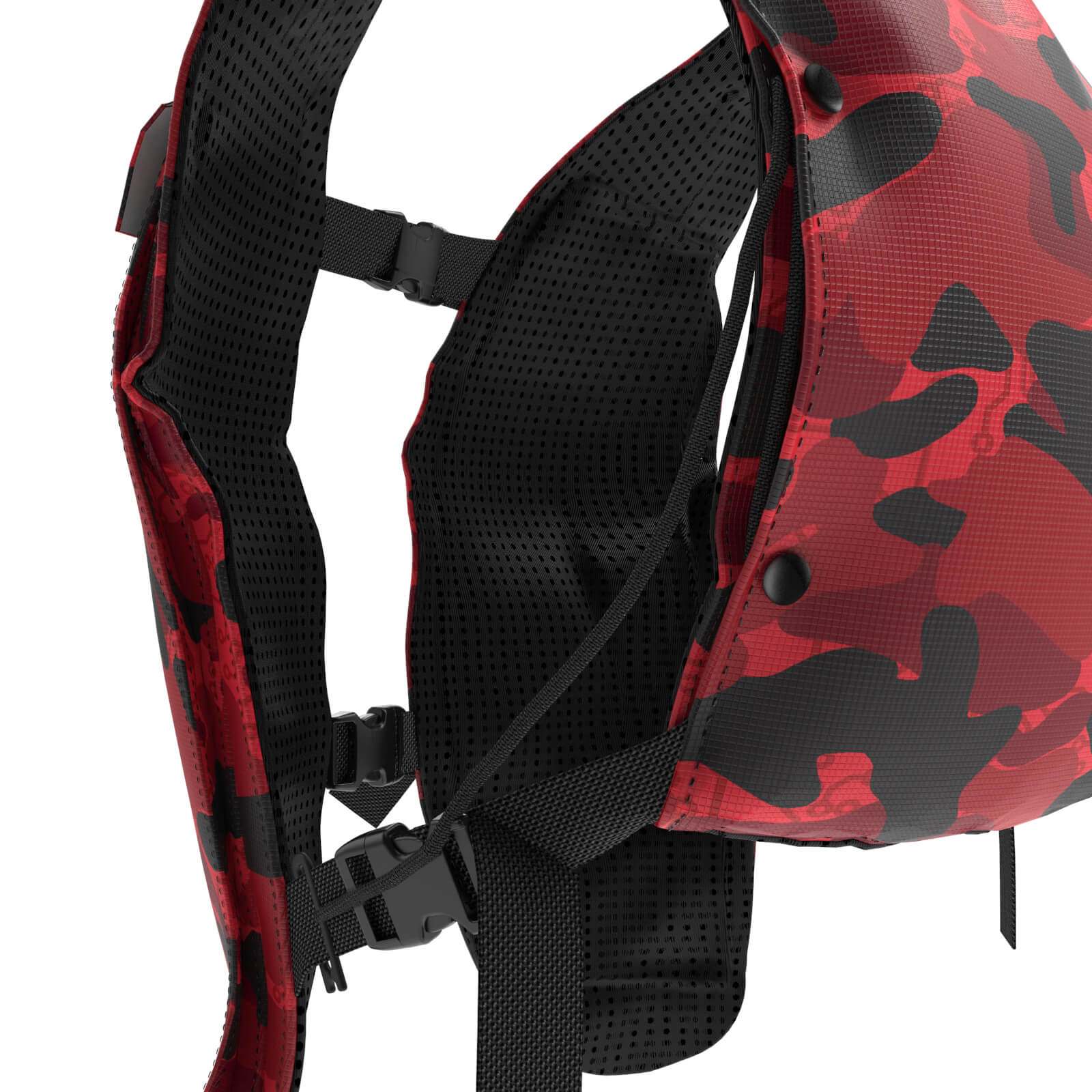Close-up of the Diablo Parachute Poncho, an ultra-lightweight life jacket by Machina - Wearable Technology, featuring a red and black camouflage pattern with adjustable black straps and mesh padding for comfort and support. The water-resistant poncho is positioned to showcase its side profile and shoulder straps.