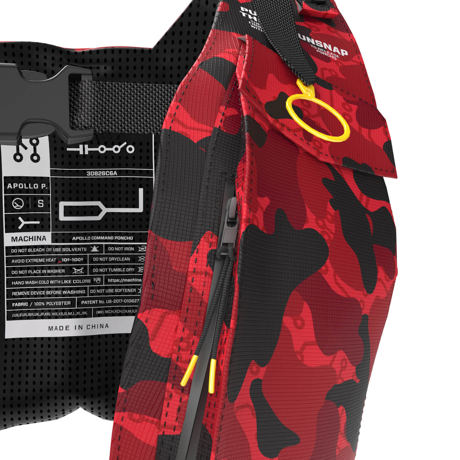A close-up of the Diablo Parachute Poncho by Machina - Wearable Technology, showcasing its red and black camouflage design. The ultra-lightweight, water-resistant bag features a zipper with yellow accents and a label displaying technical specifications and icons. Made in China.