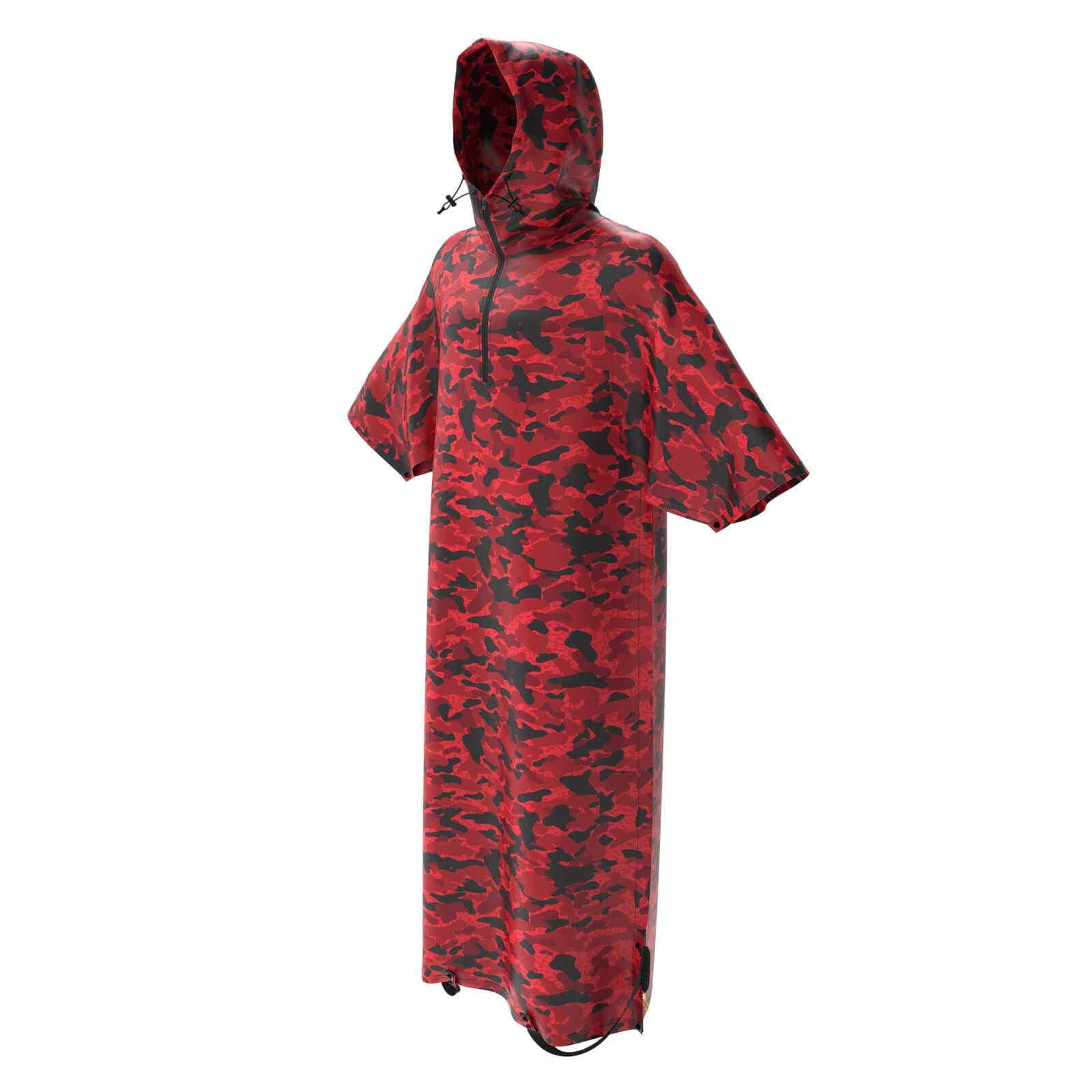 Introducing the Diablo Parachute Poncho by Machina - Wearable Technology: a sleek red and black camouflage poncho featuring a hood, short sleeves, and shown from a side angle. This ultra-lightweight poncho offers a loose-fitting design with a convenient drawstring at the neck for stylish water-resistant protection.