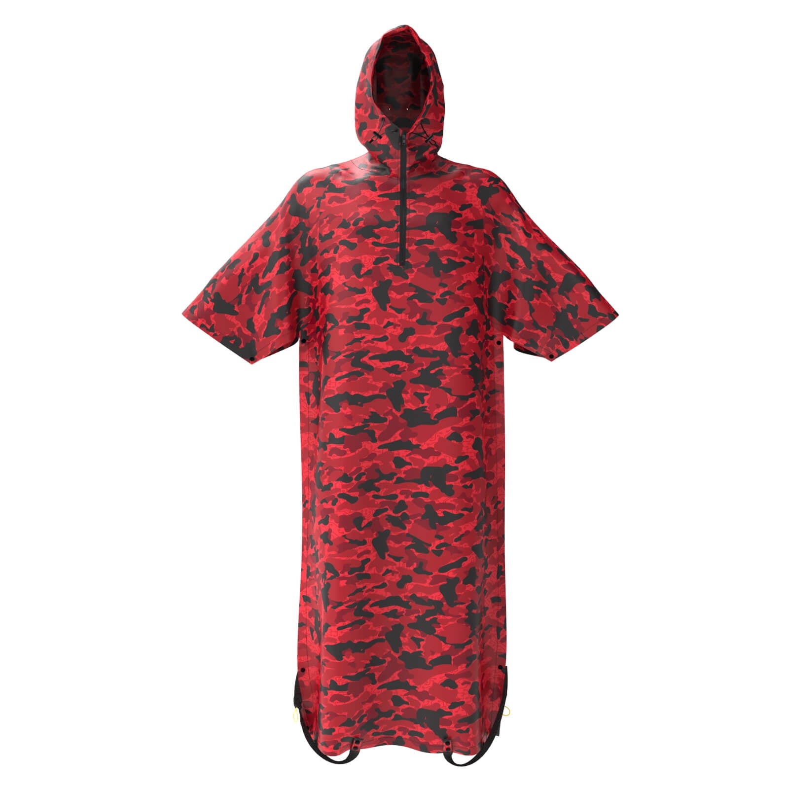 The Diablo Parachute Poncho by Machina - Wearable Technology features a red and black camo pattern with a hood, short sleeves, and a front zipper. This ultra-lightweight, water-resistant poncho is showcased on a white background.