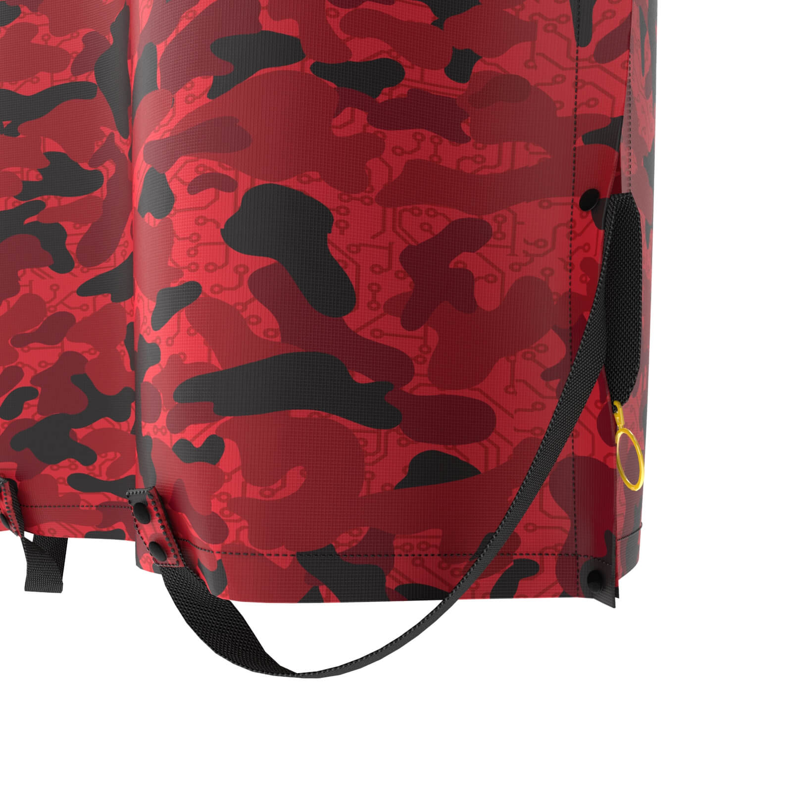 Close-up of a fabric from the Diablo Parachute Poncho by Machina - Wearable Technology, showcasing its red and black camouflage pattern. The image features a section of the strap with an attached yellow metal ring. The ultra-lightweight material is smooth with a glossy, water-resistant finish.